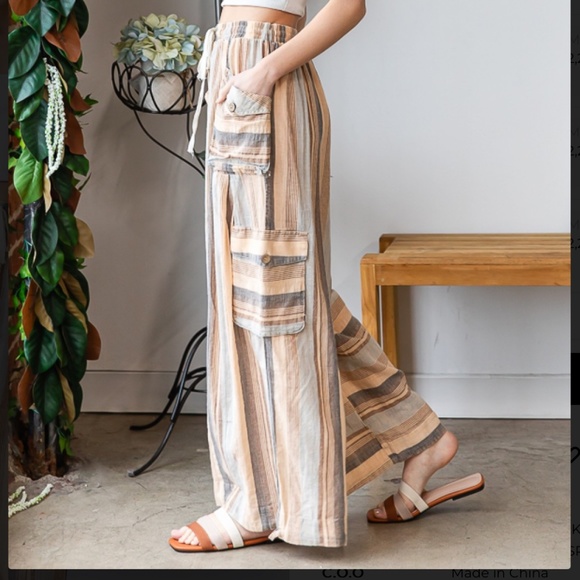 OLI & HALI WASHED 3D STRIPE WIDE LEG CARGO PANTS WOMEN’S SUMMER CARGO PANTS #109 - Picture 4 of 5